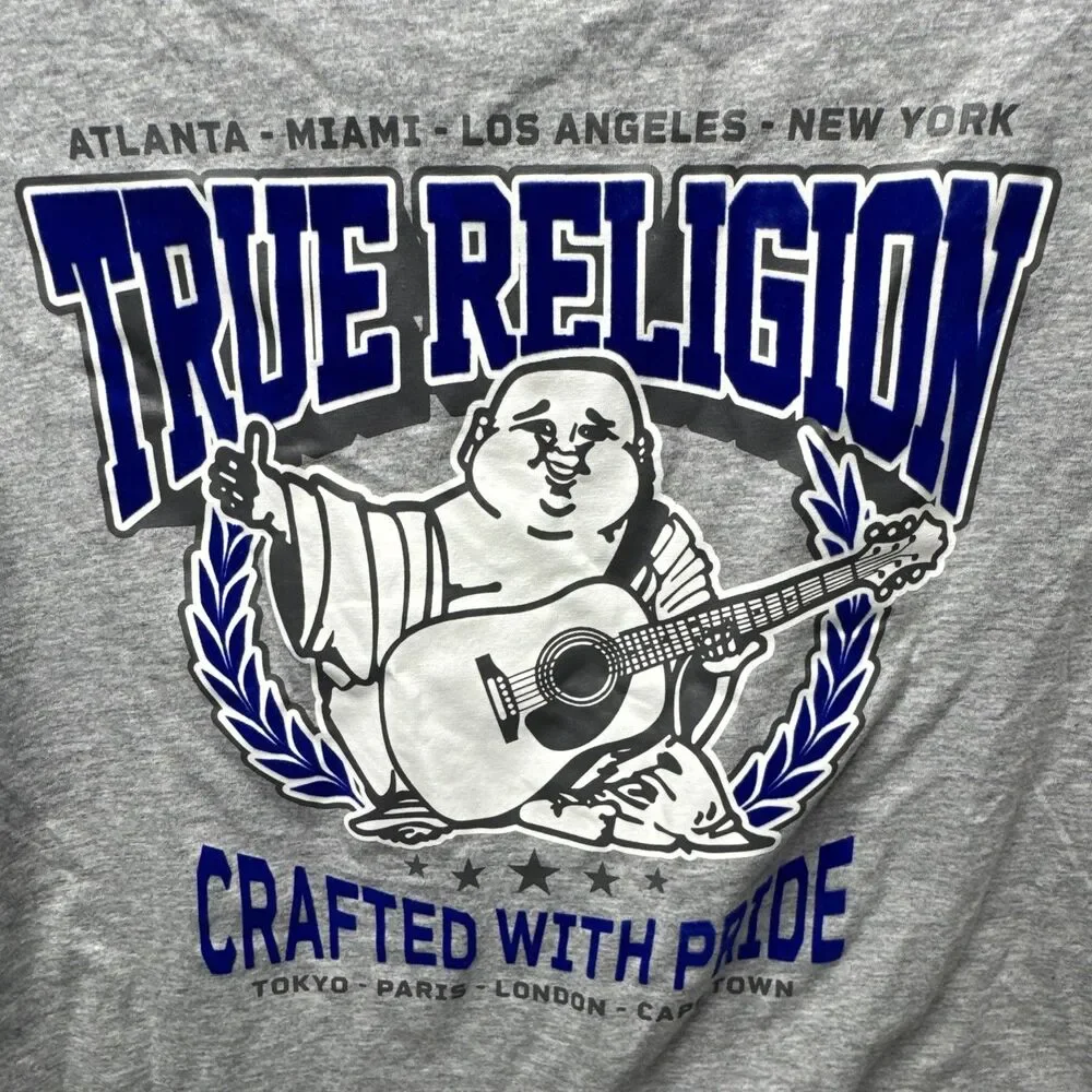 True Religion Mens L Gray Wreath Velvet Buddha Graphic Cotton Jersey Crew Neck